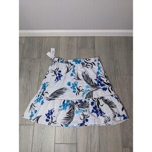 Liz Claiborne Skirt Womens Large White Blue Floral Palm Print Pull On Summer